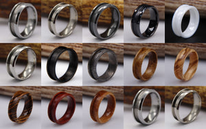 titanium, tungsten, sterling silver, stainless steel. carbon fiber. ceramic, wood, antler ring blanks and core liners